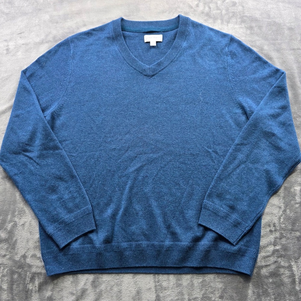 John W. Nordstrom Sweater XL Blue Mens V-Neck 100% Cashmere Knit Luxury Pullover